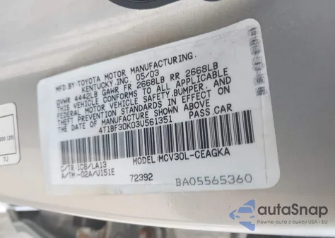 2003 Toyota Camry Xle V6 из США, поврежденный, VIN 4T1BF30K03U561351